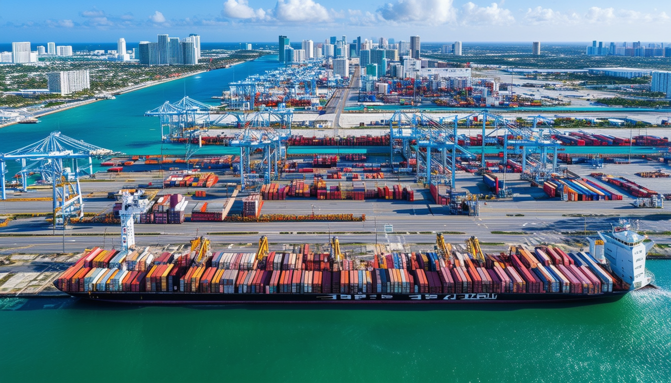 Aerial view of the Port of Miami with various ship